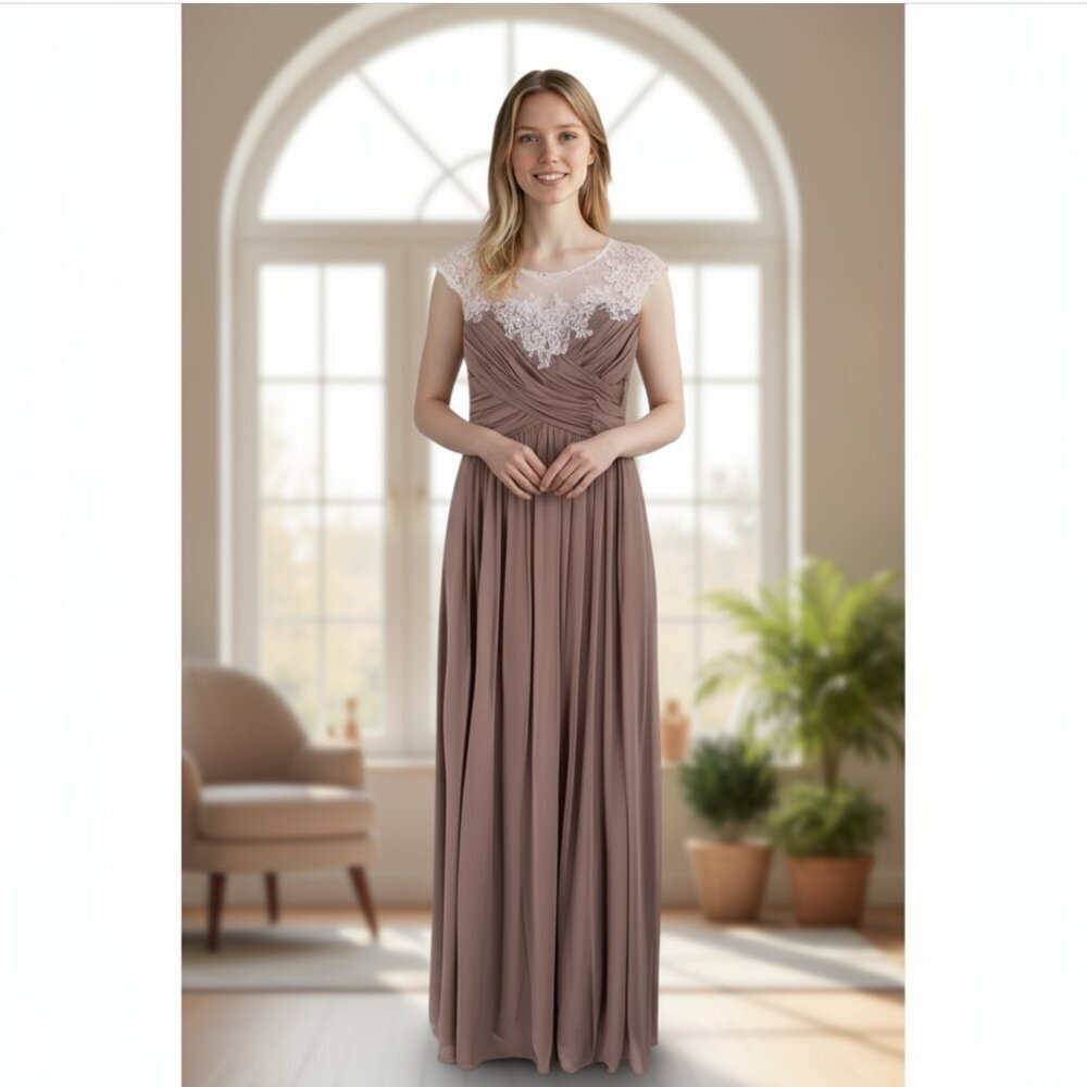 NEW/NWT Andrew Adela Latte/Ivory Beaded Chiffon and Lace Evening Gown Size 12